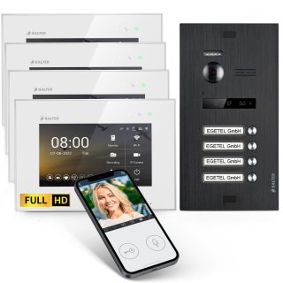 BALTER EVO HD Video Türsprechanlage Black mit Smartphone App für 4 Familienhaus, 4x 7" Monitor, WIFI